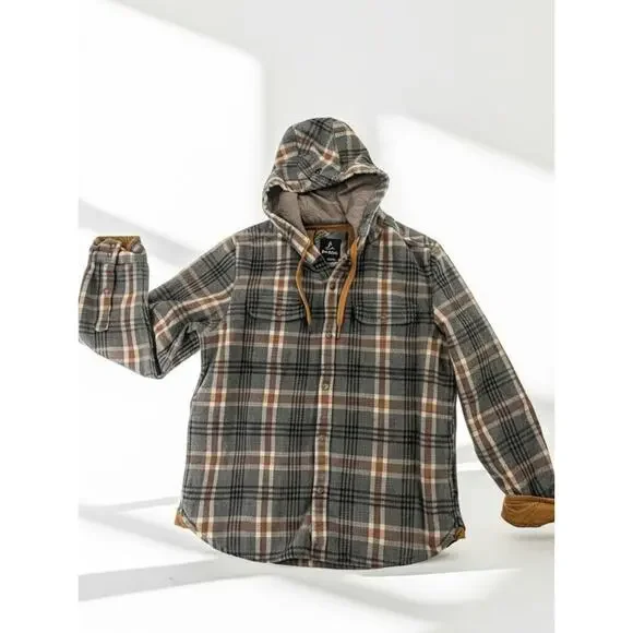 Prana Bolster Wool Blend Flannel Hooded Jacket Mens Medium Gray Plaid - Picture 2 of 11